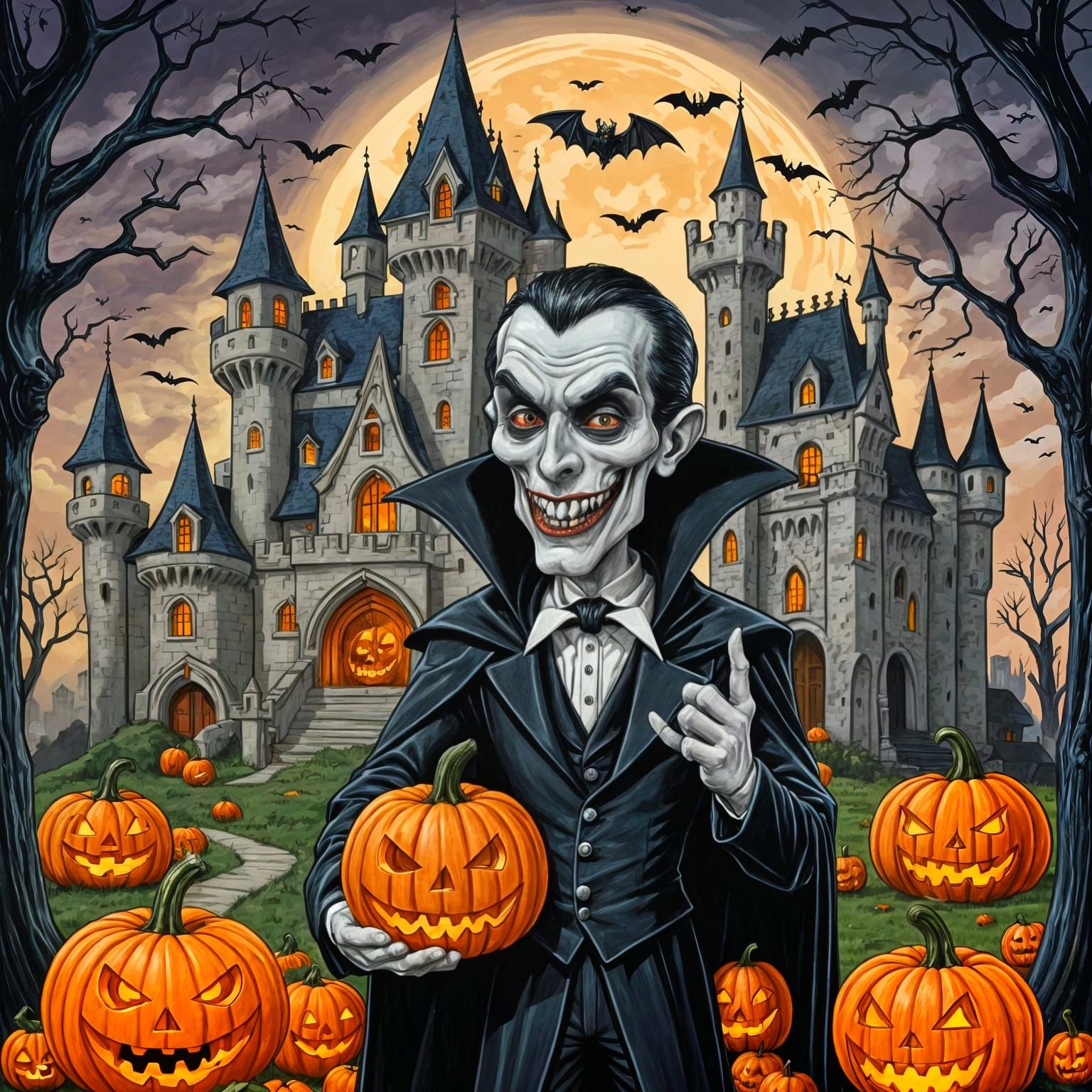 Whimsical Dracula Caricature with Halloween Pumpkin