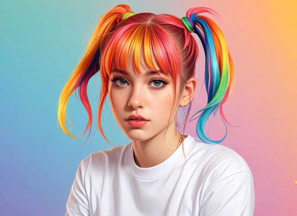 girl with mega high and ratty pigtails of all sorts of color...