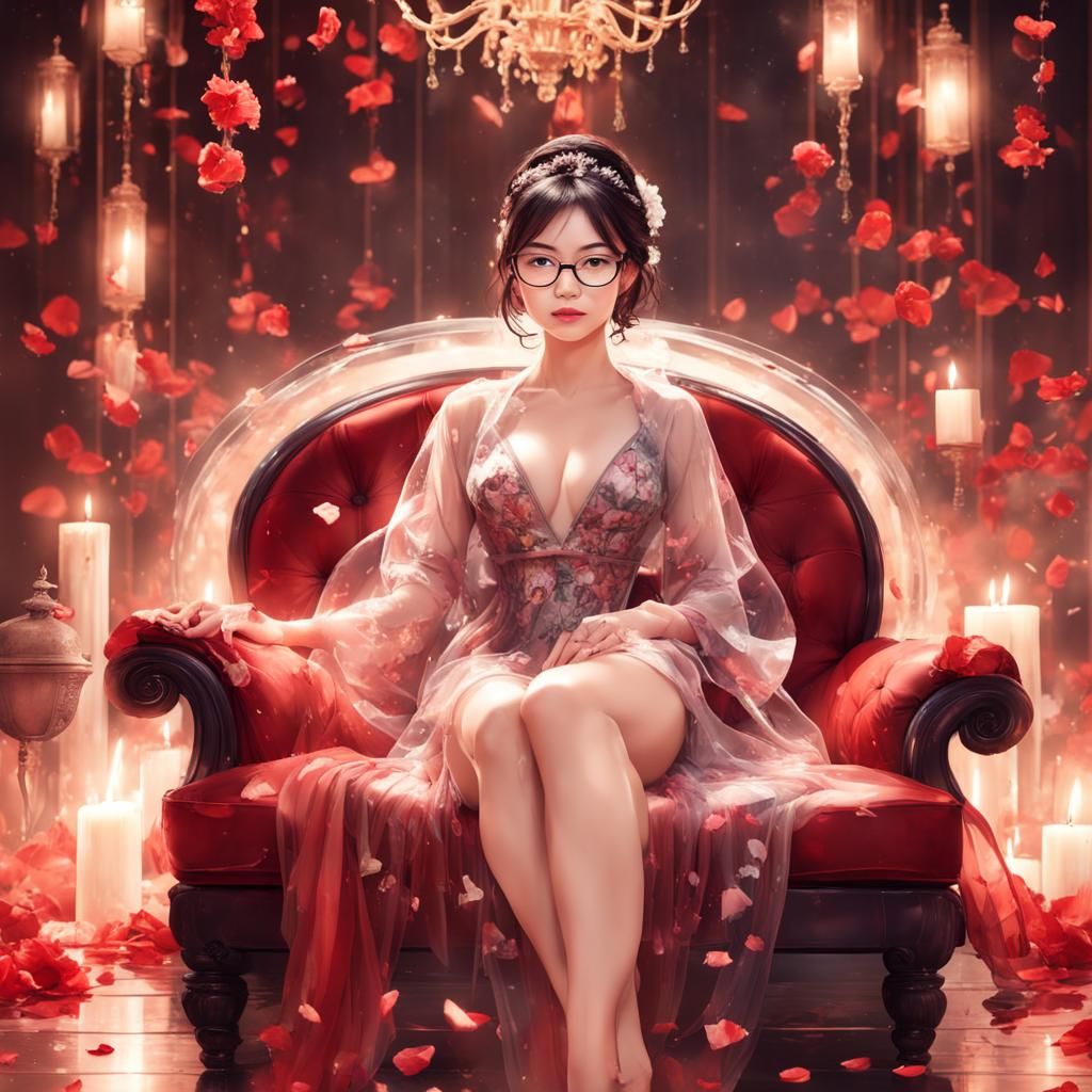 Elegant Asian Princess in Oriental Bedroom Setting