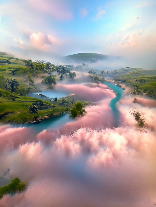 A river flows through hills of clouds