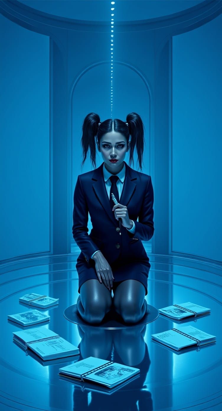 Woman in Latex Kneeling in Infinite Mirror Chamber