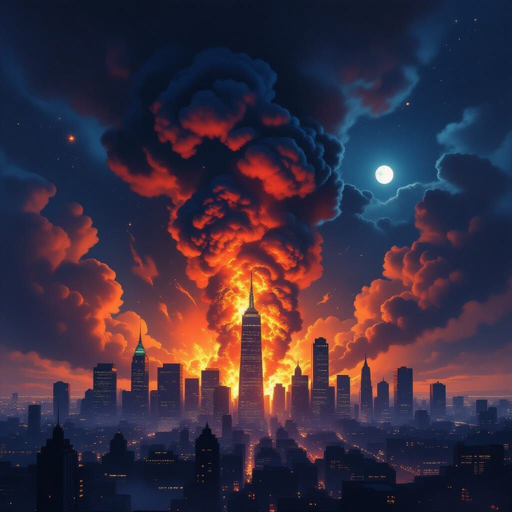 Towering Inferno Engulfs Cityscape Under Moonlit Sky