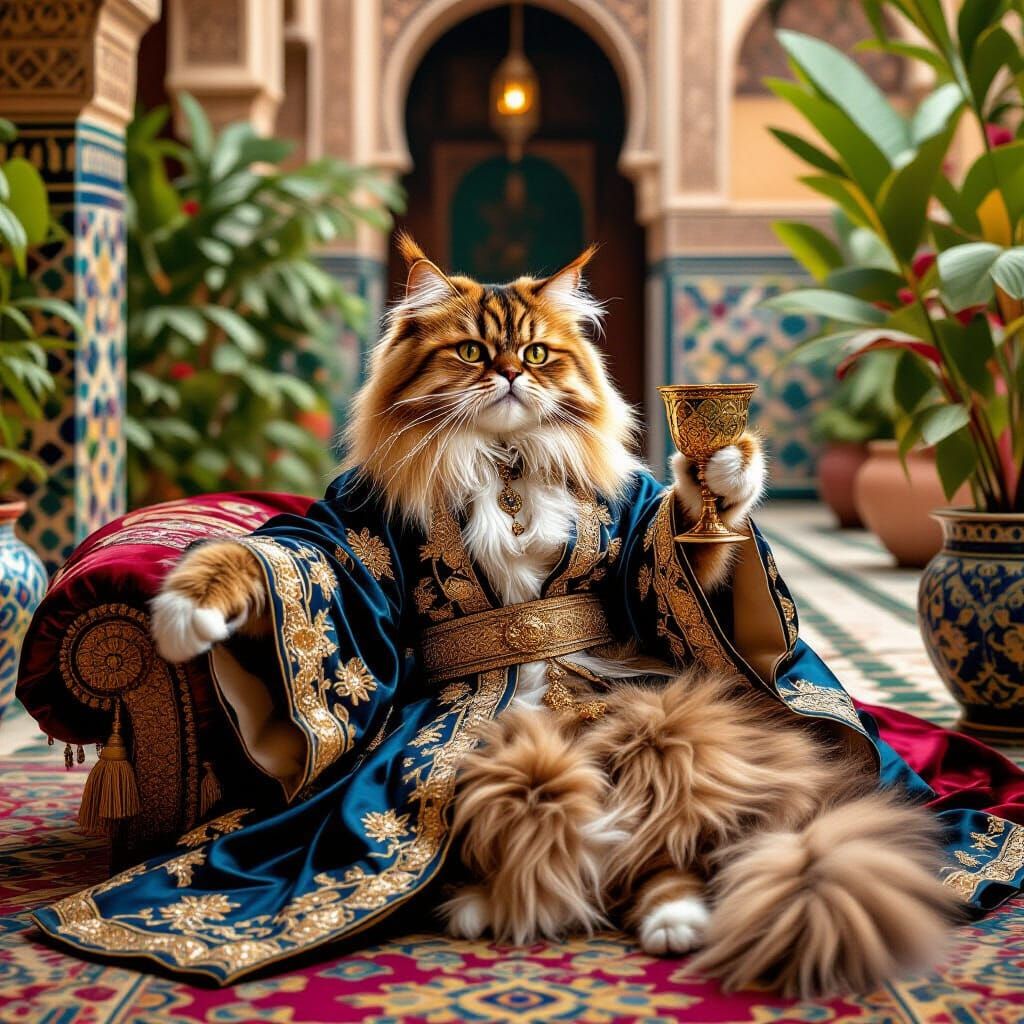 Persian Cat Lounging in Moroccan Court in Hyperrealistic Sty...