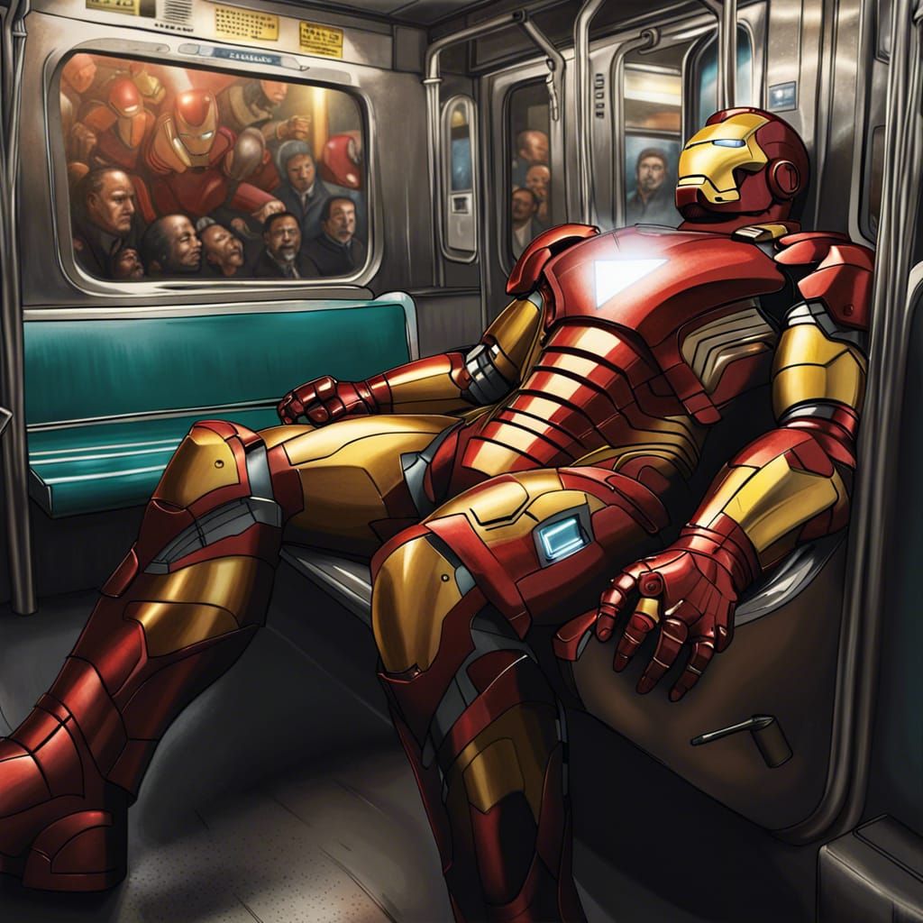 Iron Man Sleeps: Hyperrealistic Subway Scene