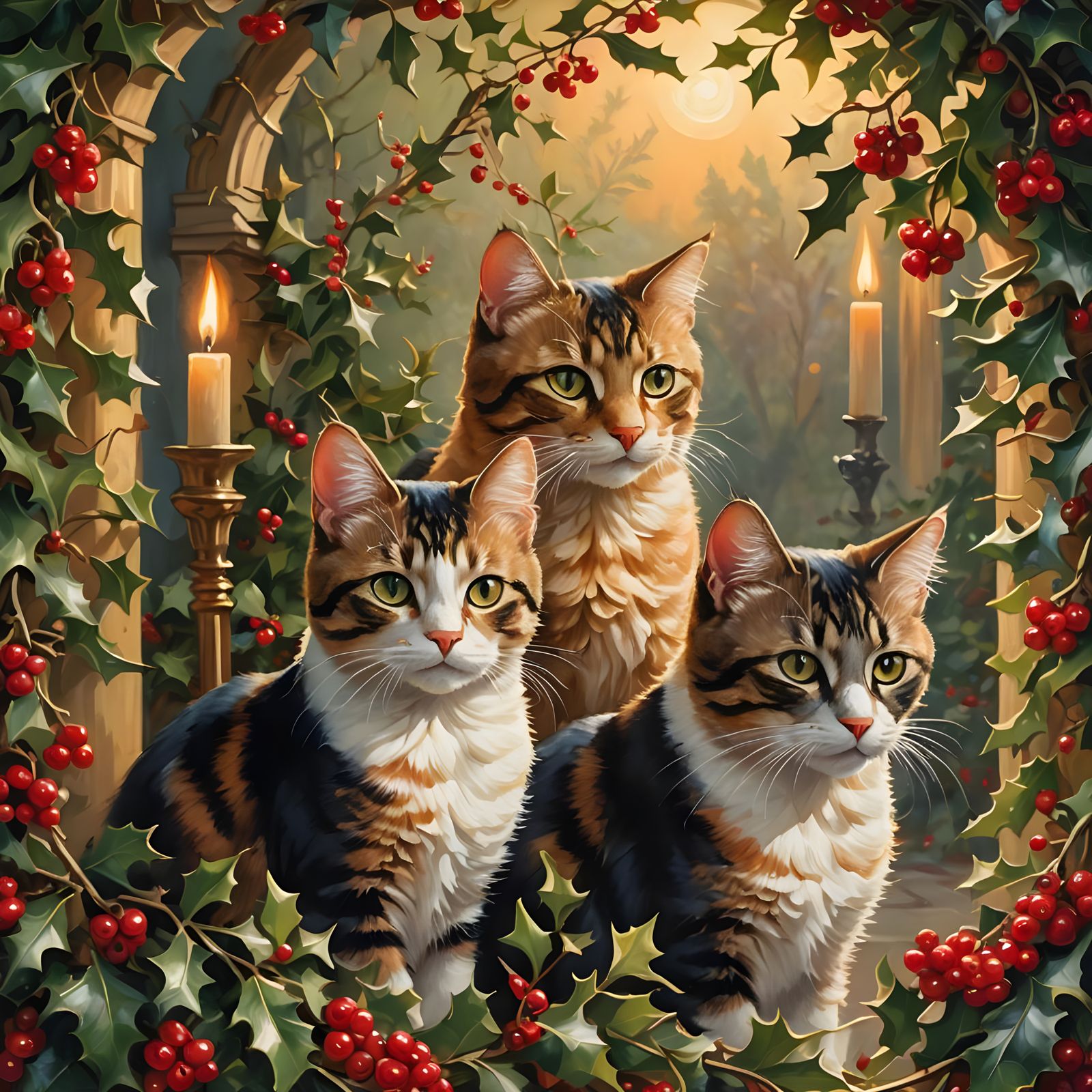 Festive Cats Amongst Holly and Red Berries