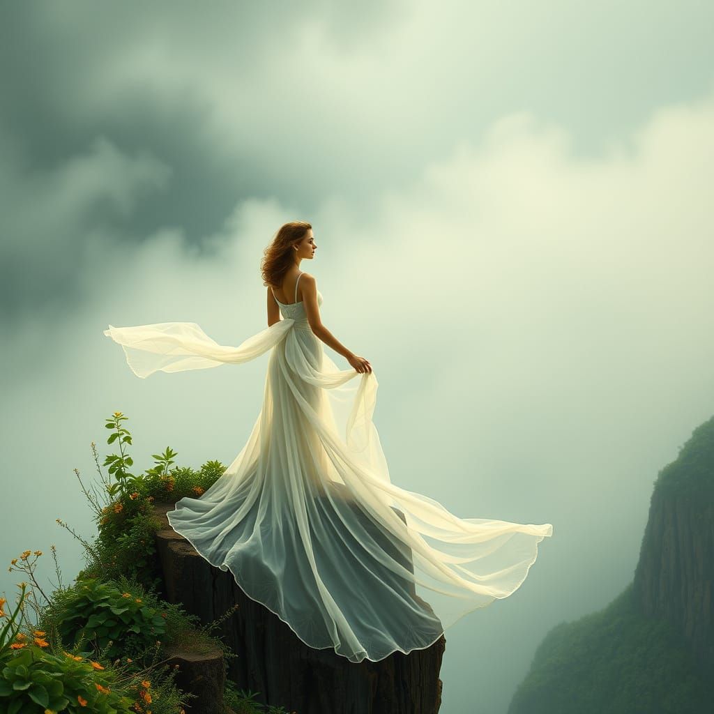 Ethereal Woman on Misty Cliff in Art Nouveau Style