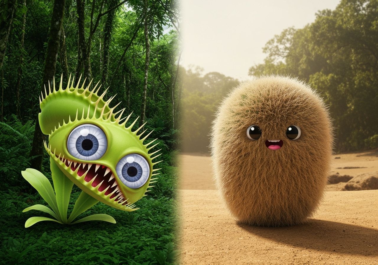 Venus Flytrap and Fuzzy Cactus in Split Scene