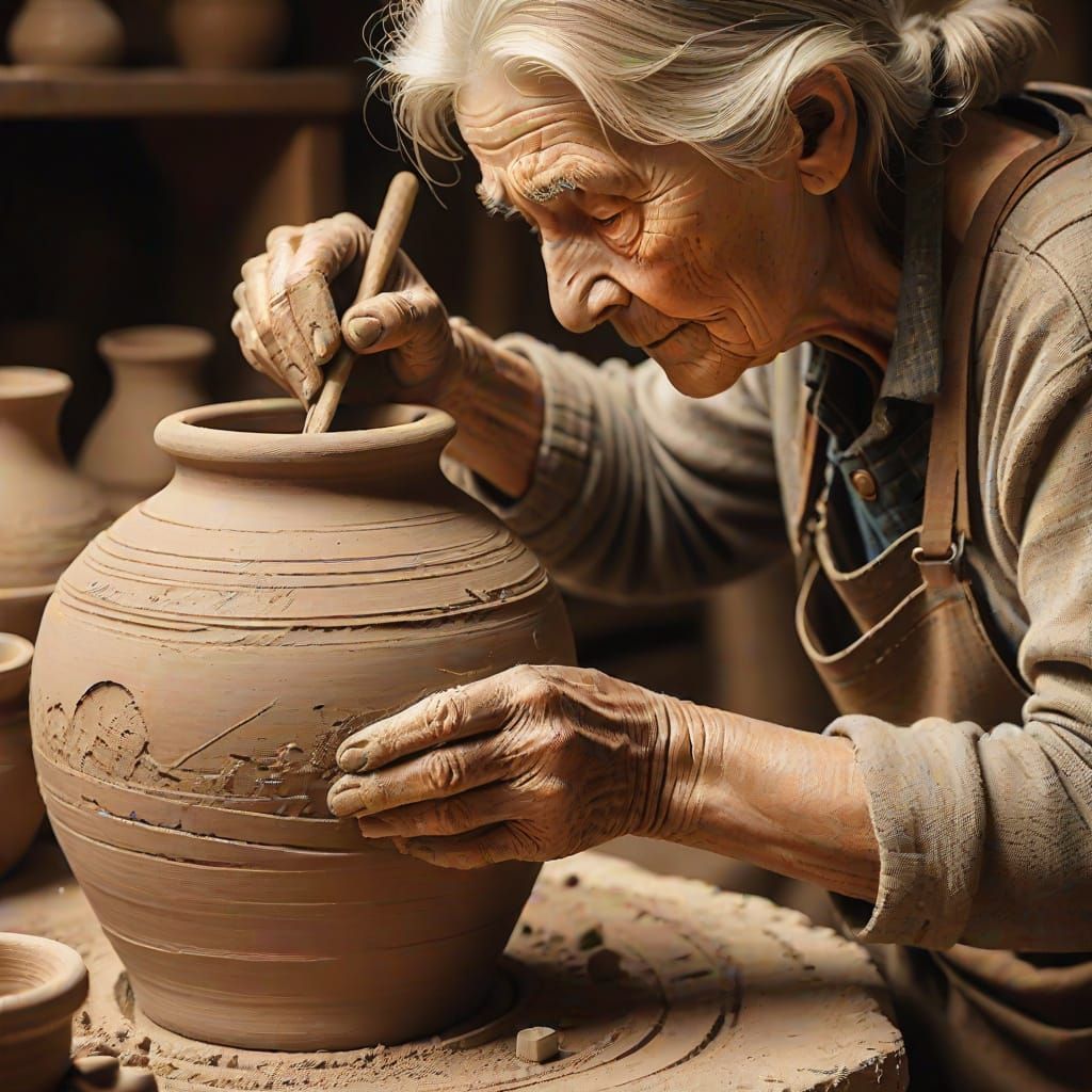 Impressionistic Close-Up of Potter Creating Clay Vase