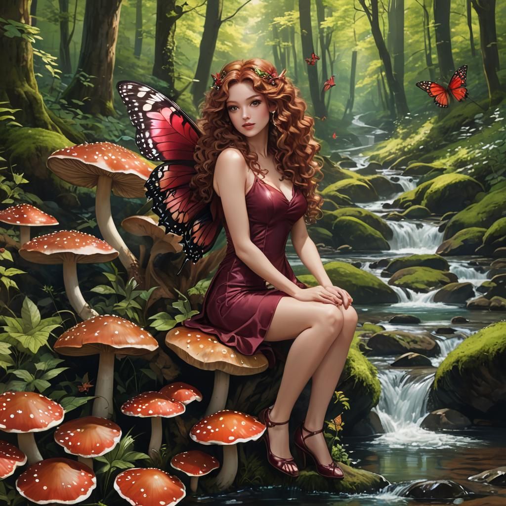 Mesmerizing Forest Fairy on Mushroom, Anime Style