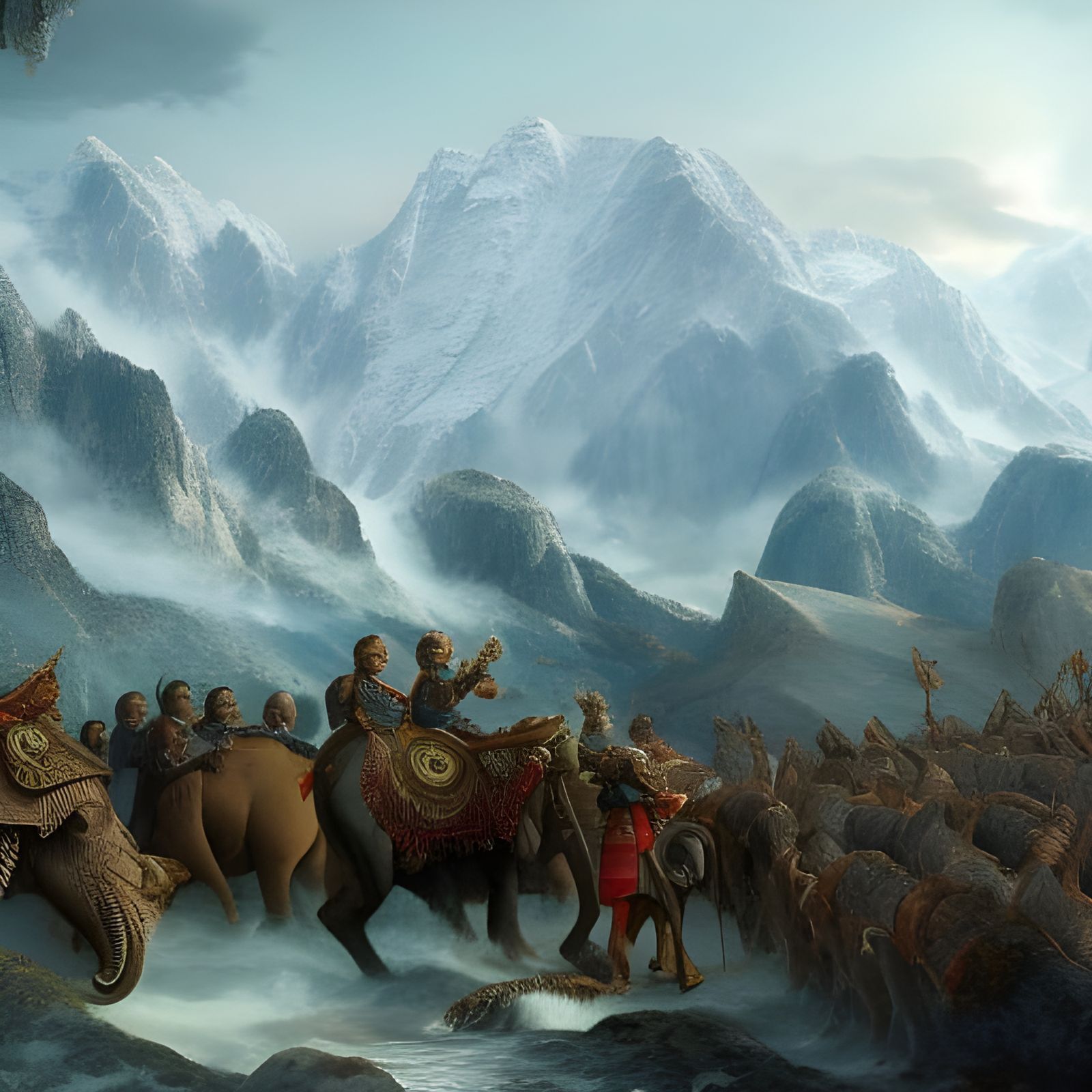 Hannibal's Army Crossing Alps on Elephants: Detailed Matte P...