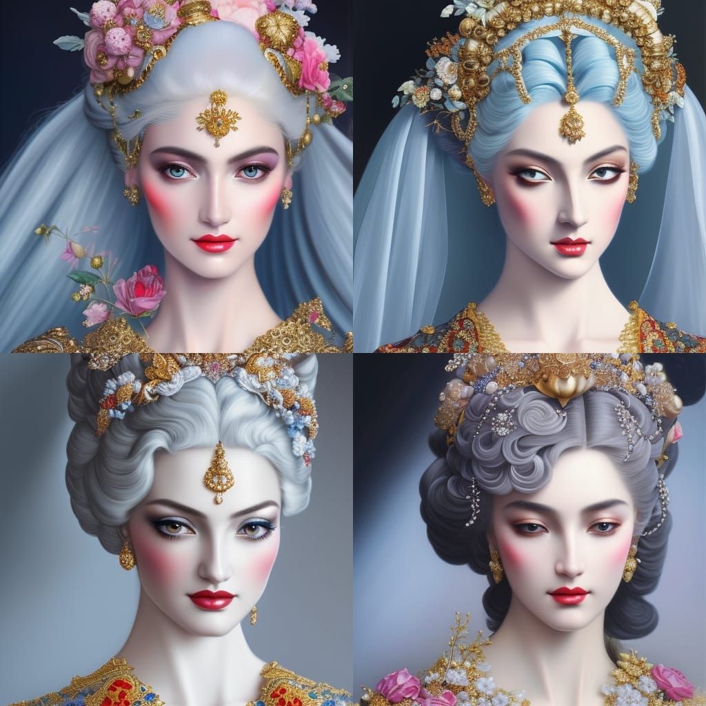 Retro Art Deco Girl Portrait with Lace and Flowers