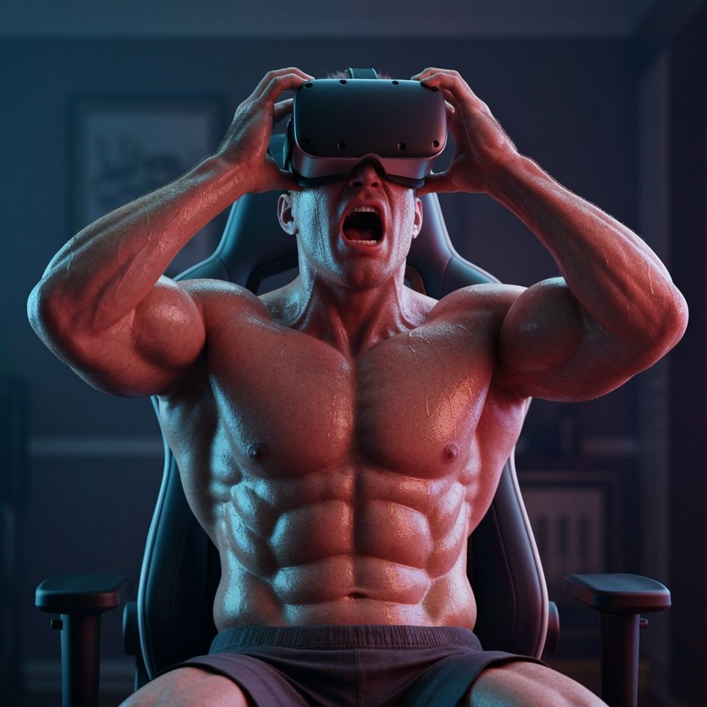 Muscular Man Struggles With VR Headset in Neon Glow