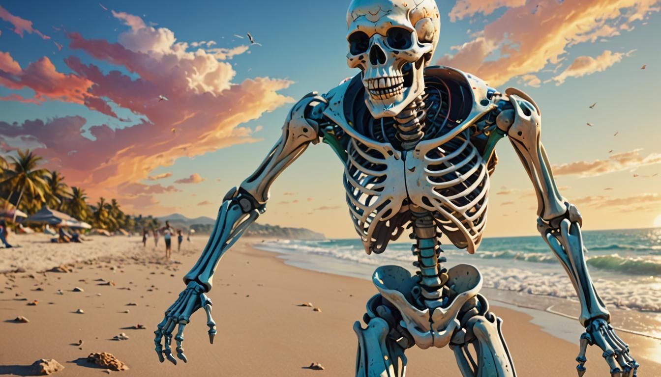 Cheerful Skeleton Walks on Beach: Hyperrealistic Splash Art