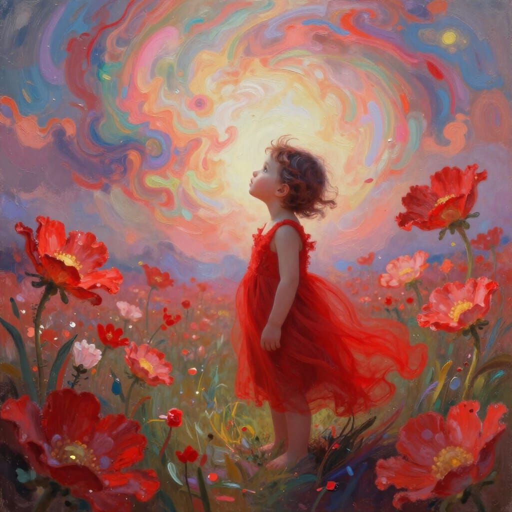 Ethereal Child in Red Meadow Amidst Nebulae