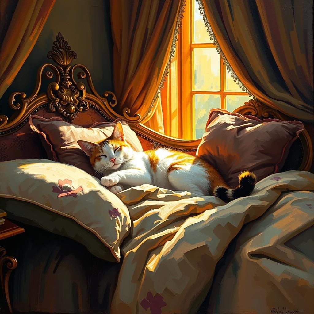 Cat Sleeping Peacefully in Ornate Bed, Neo-Impressionist Sty...