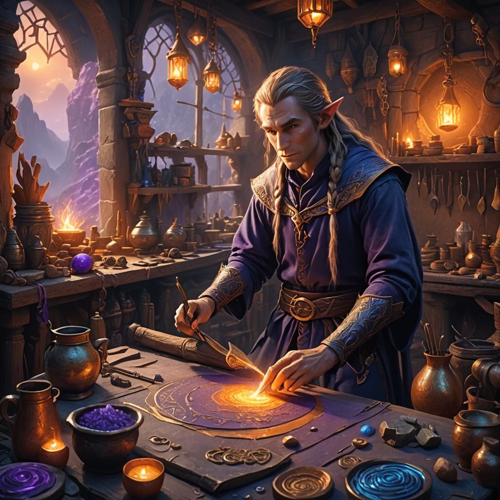 Fantasy Elf Artisan in Mystical Workshop