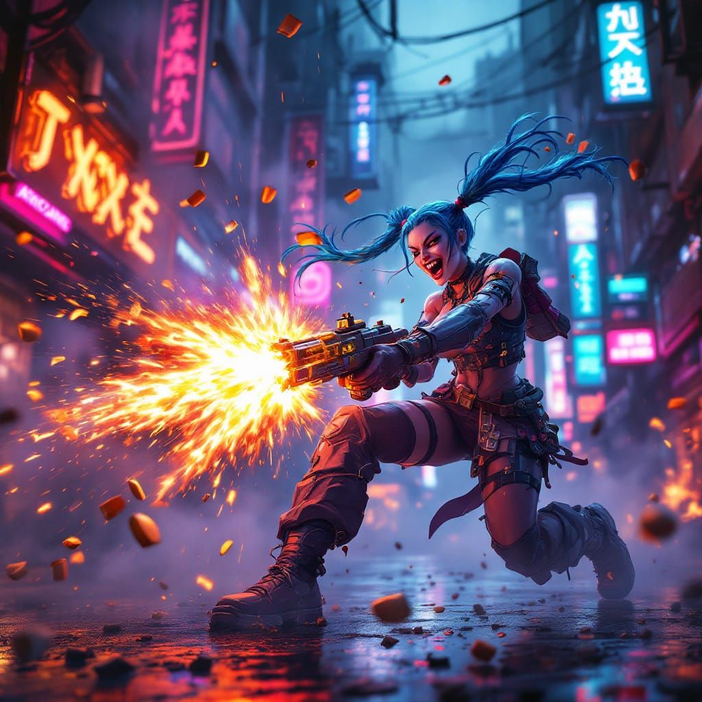 Jinx in Chaotic Battle on Zaun Streets at Night