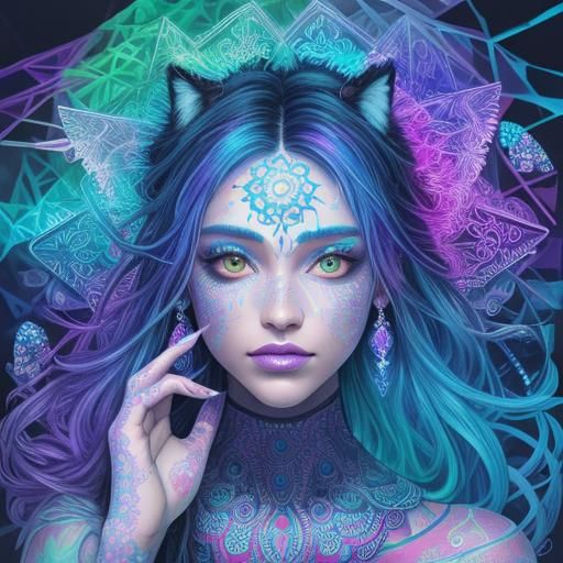 Girl-Fox with Candy in Abstract Fractal Art