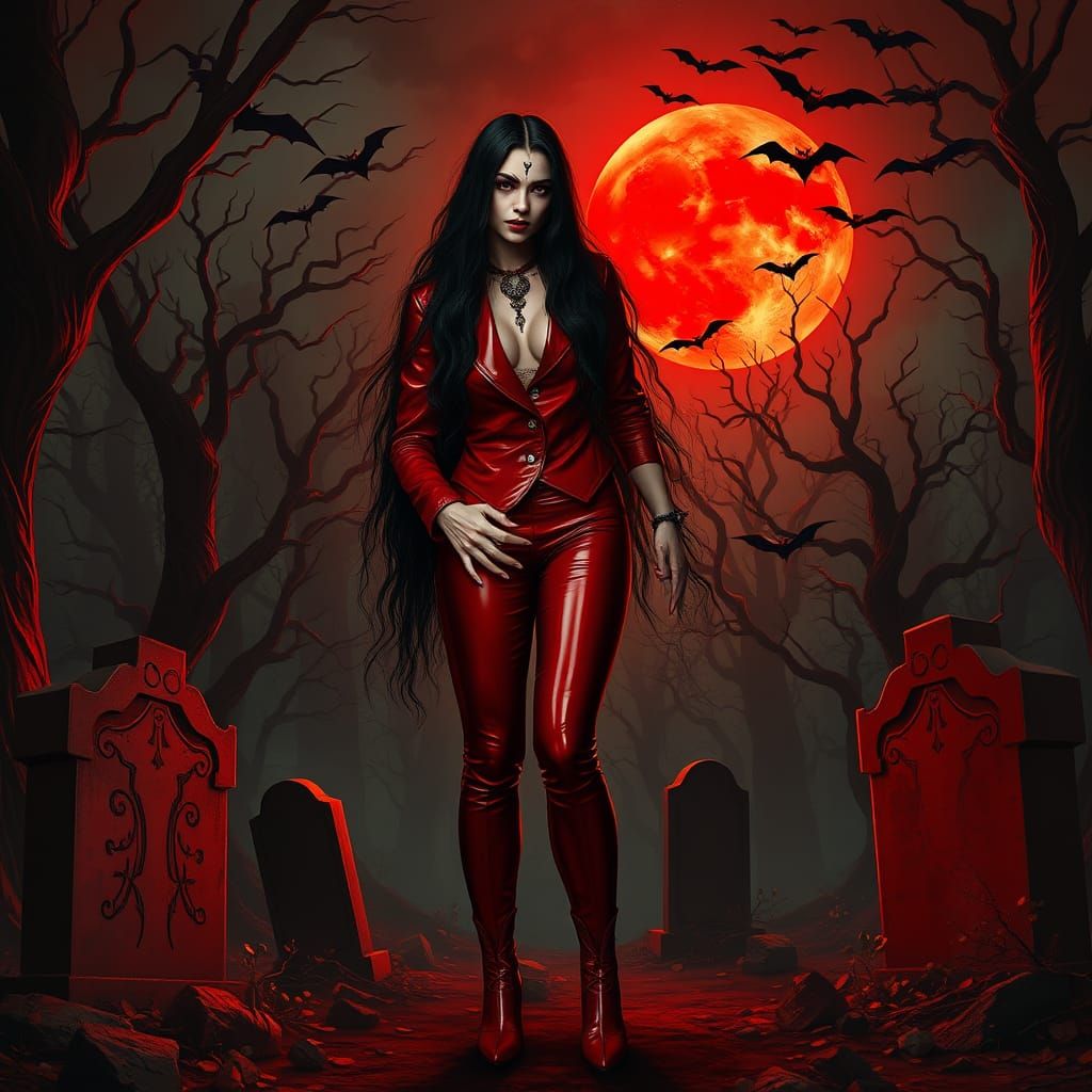 Gothic Vampire Goddess in Moonlit Forest of Blood and Shadow...