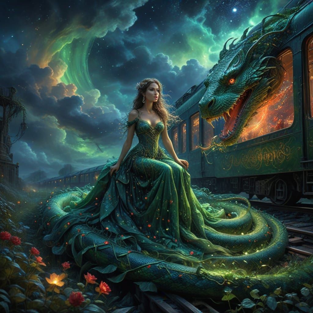 Celestial Goddess Surrounded by Glowing Serpent and Starry N...