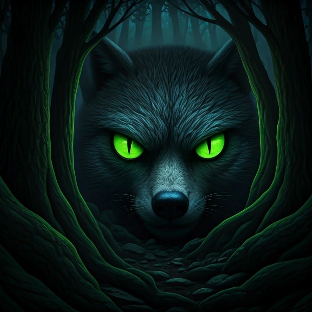Mysterious Eyes in Dark Forest Glowing Green