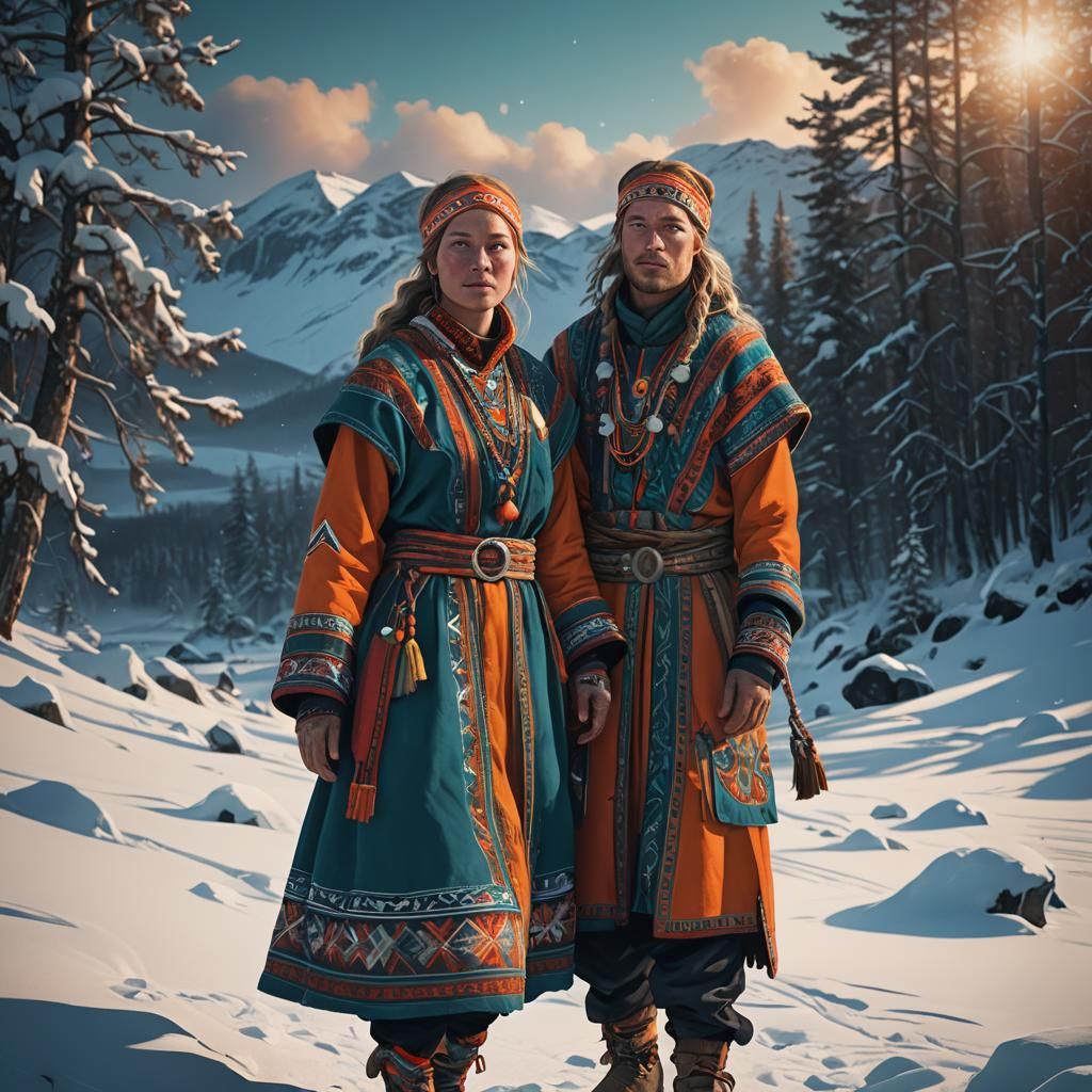 Sami People in Snowy Norway, Splash Art Style