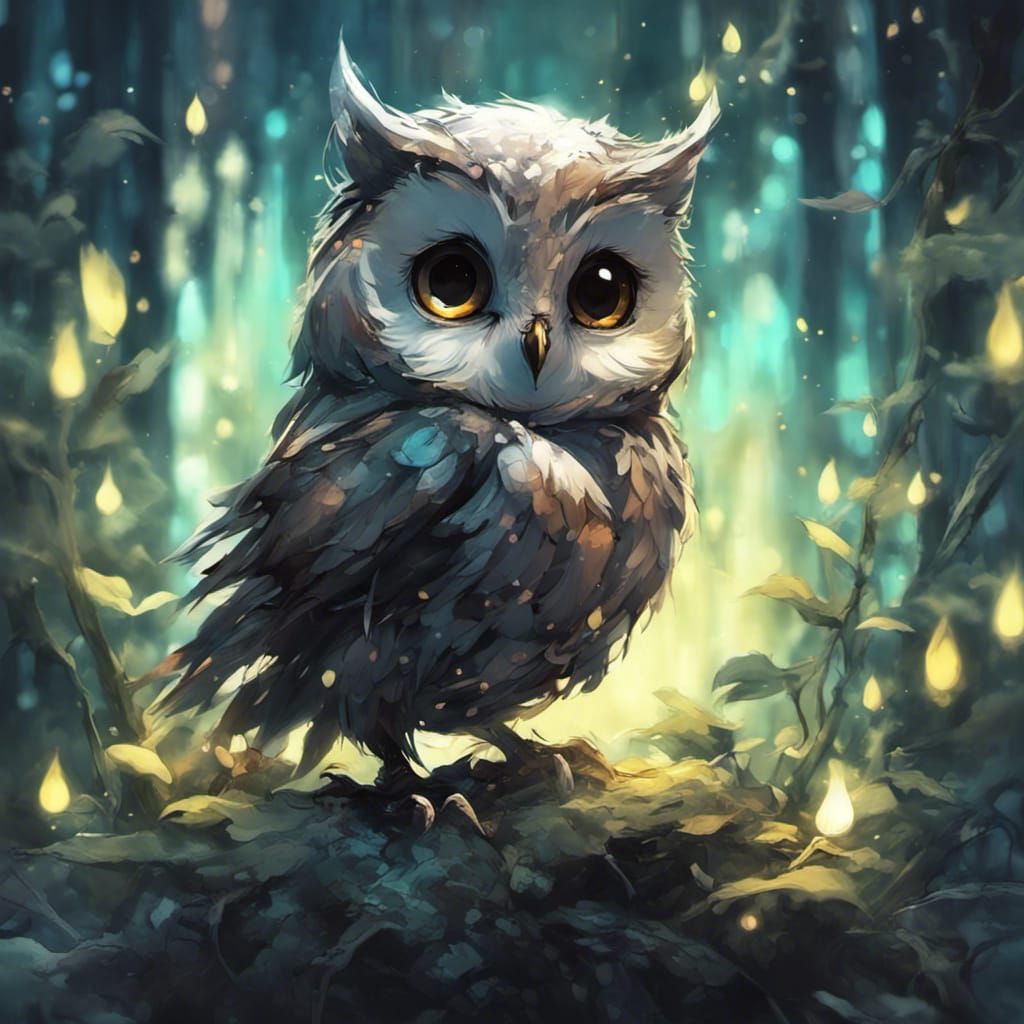 Owl Kitten in Bioluminescent Enchanted Garden