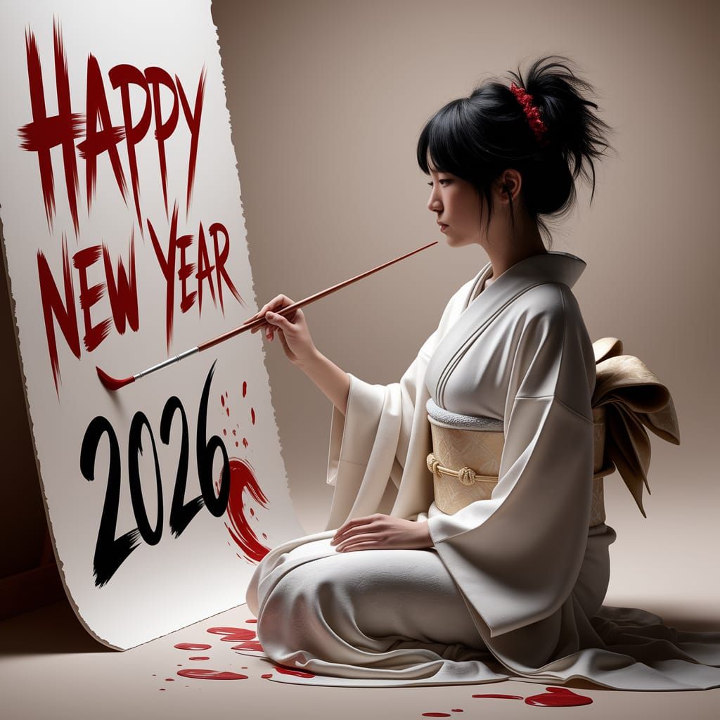 Japanese Woman Paints 'Happy New Year 2026' in Artistic Styl...