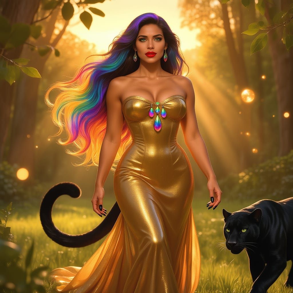 Radiant Latina Goddess with Rainbow Hair in Golden Hour Fore...