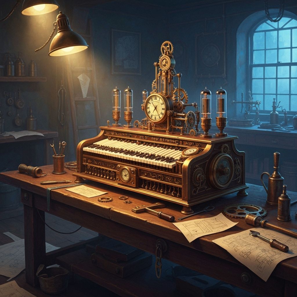 Steampunk Clockwork Instrument in Dim Workshop