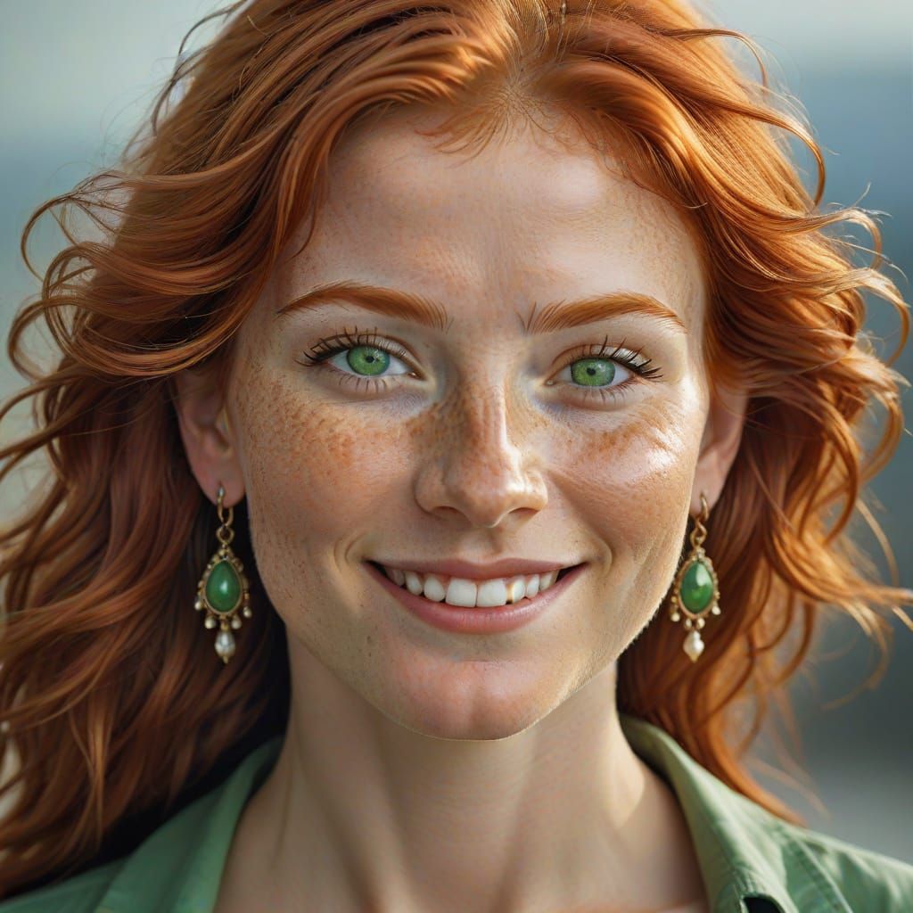 Redhead Portrait with Freckles and Fluttering Hair
