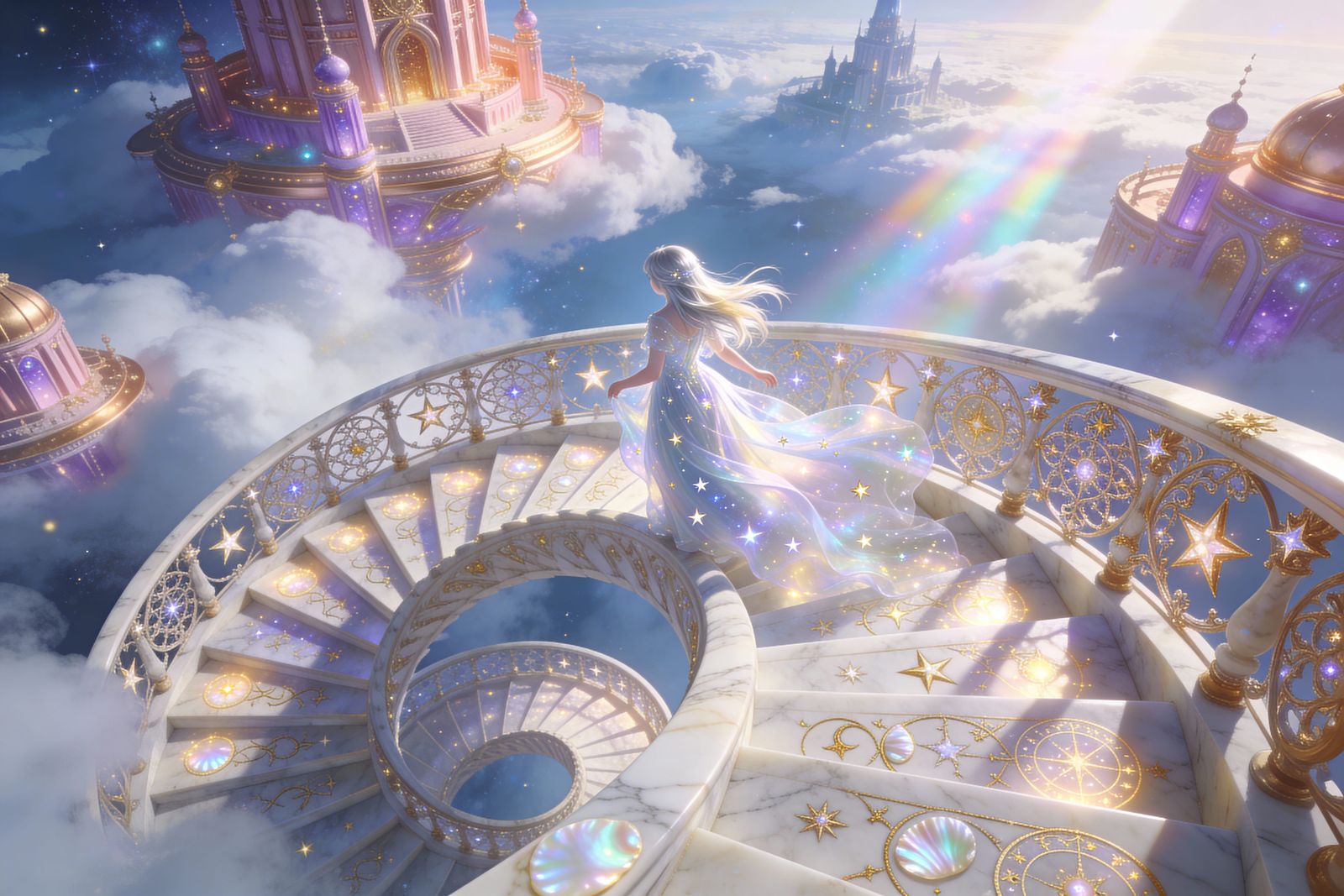 Girl Descends Celestial Staircase in Glowing Clouds