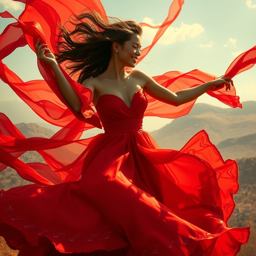 Surreal Woman in Red Dance amidst Whirlwind of Color