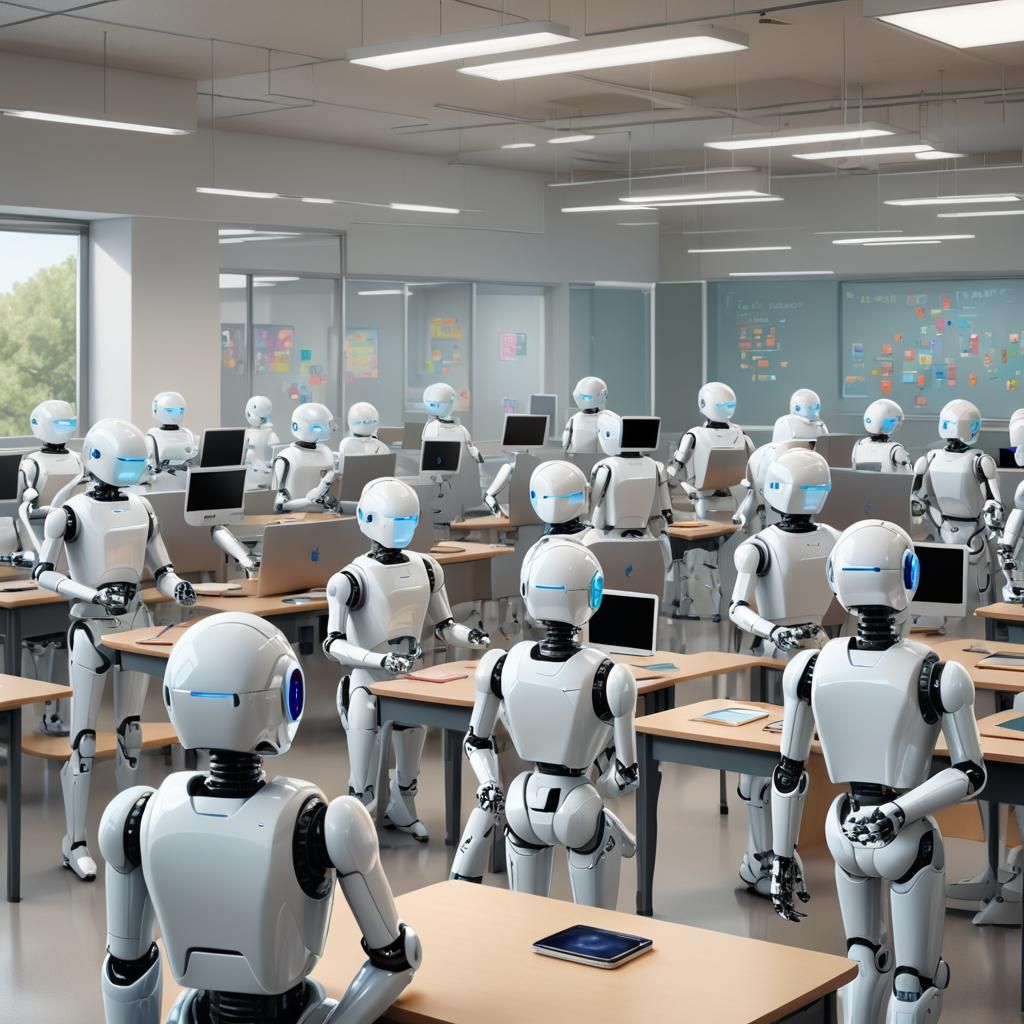 Robots in Classroom Gazing at iPhones: Digital Art