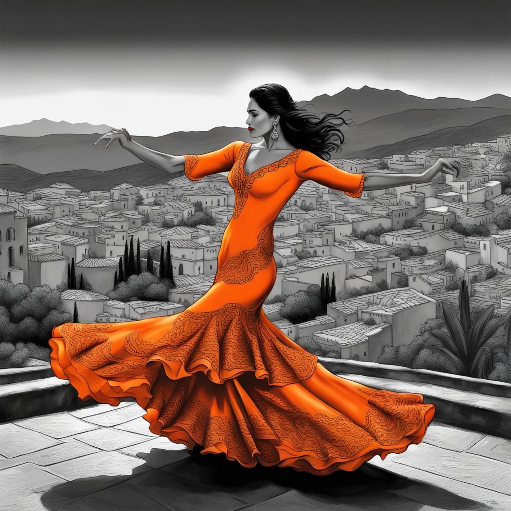 Flamenco Dancer in Orange Dress, Selective Color Art