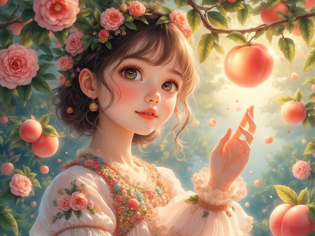Glowing Peach Girl in Ethereal Embroidery