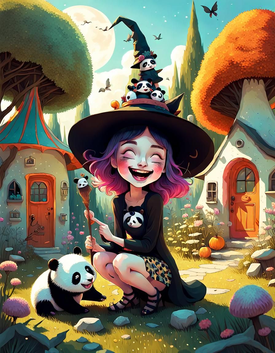 Whimsical Witch and Panda in Magical Garden