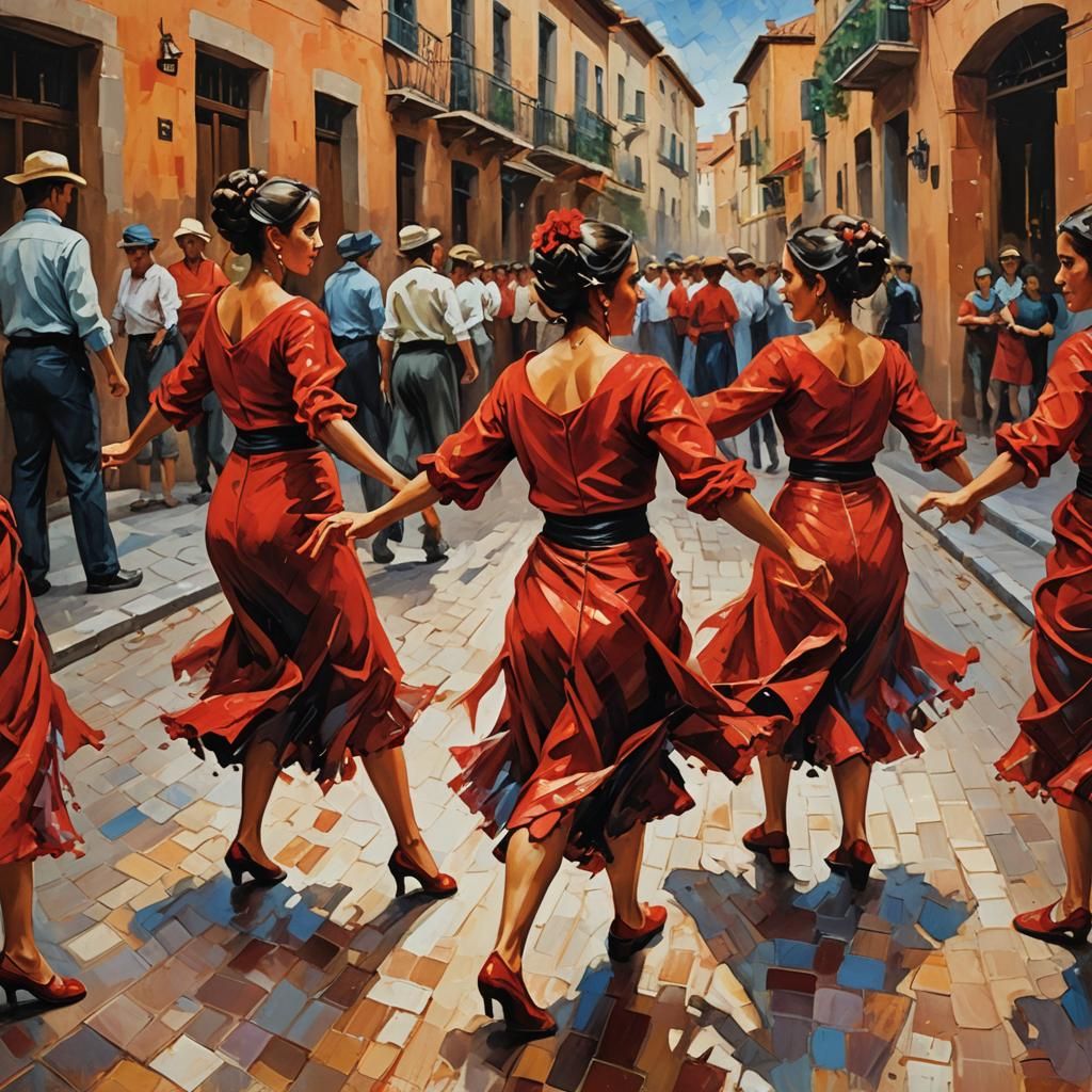 Flamenco Dancers in Spanish Street, Neo-Expressionist Painti...