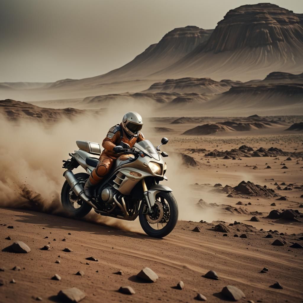 Astronaut Rides Motorcycle on Mars: Cinematic Film Still