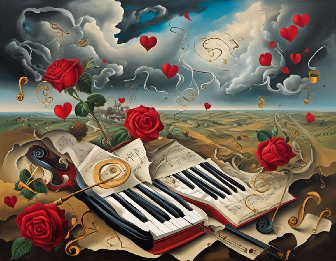Surreal Cracked Land with Musical Instruments and Roses