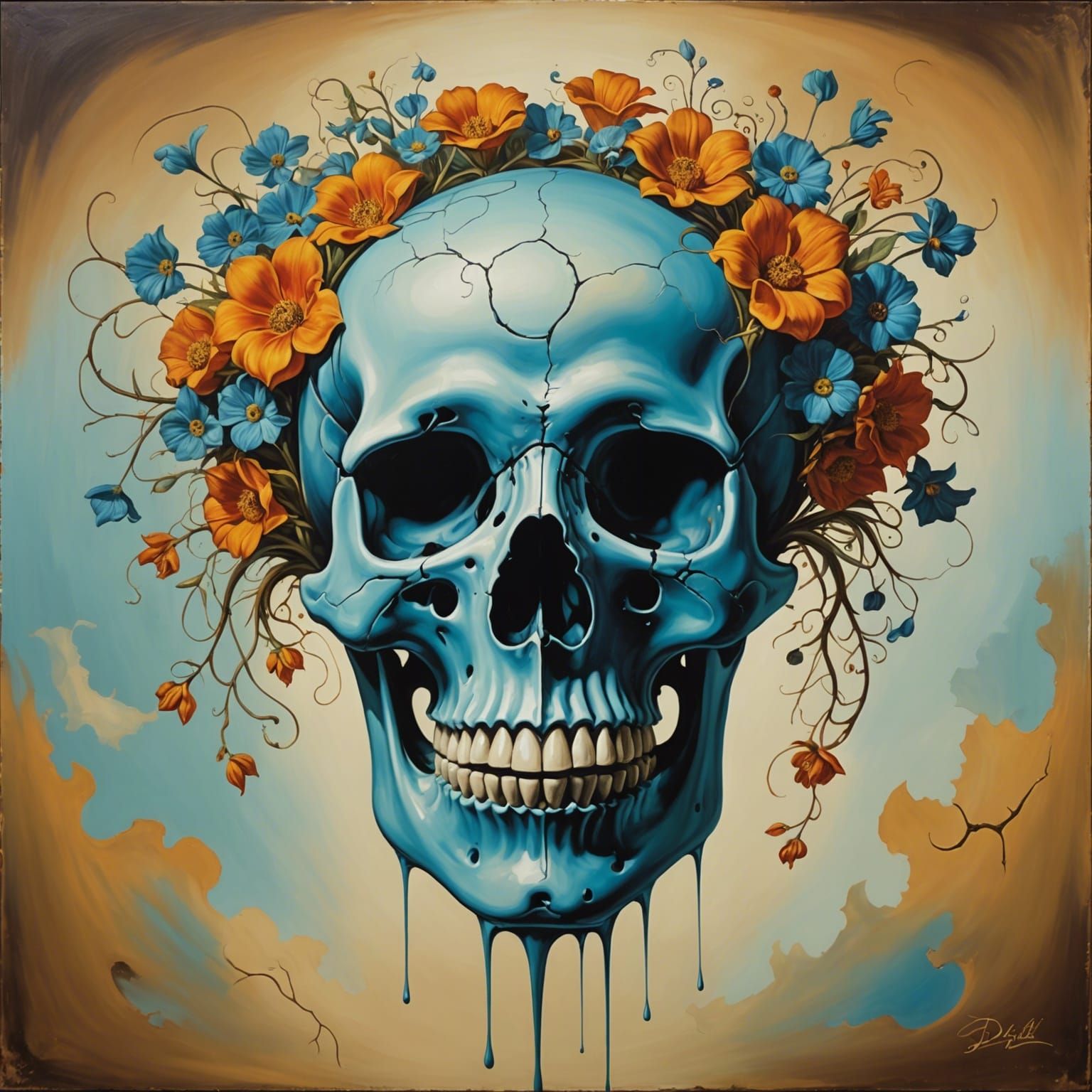 Surreal Blooming Skull in Melting Oil Style
