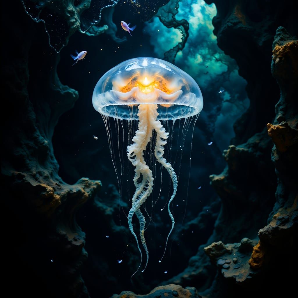 Bioluminescent Jellyfish Dances in Deep-Sea Trench