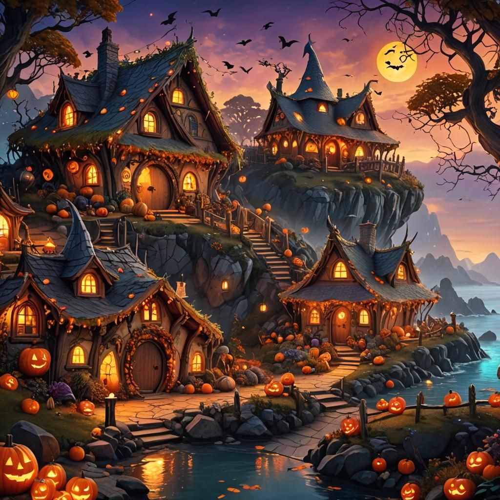 Halloween Hobbit Home on Island: Fantasy Concept Art