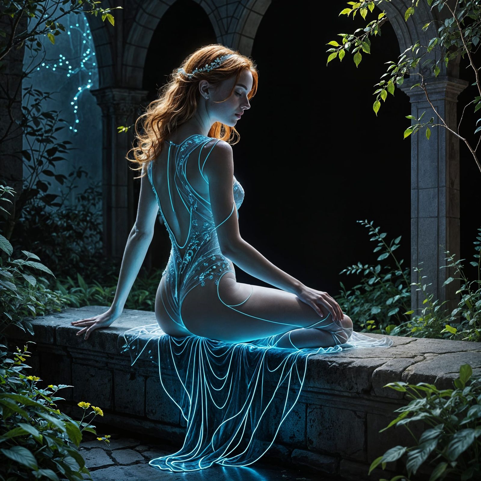 Elegant Woman with Fox Ears in Glowing Line Art