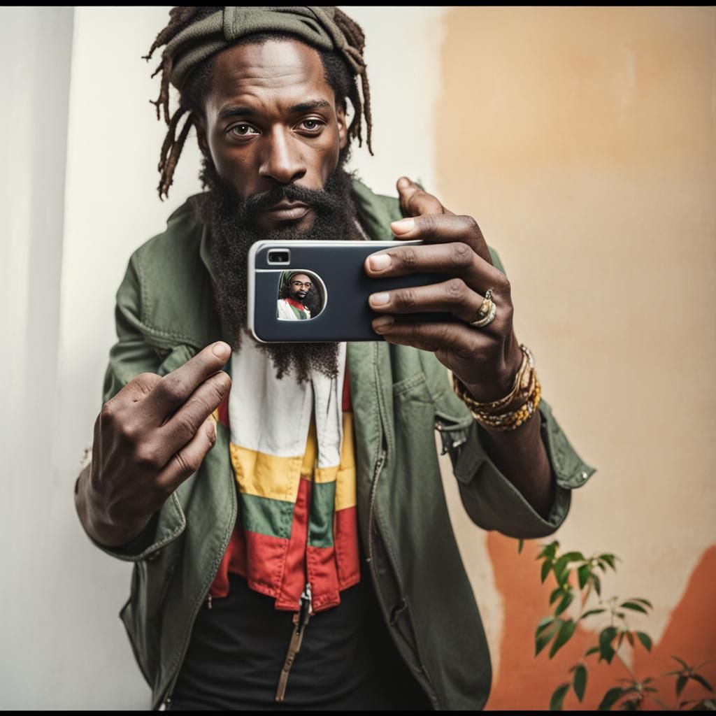 Rastafarian Selfie Against White Wall Outdoors