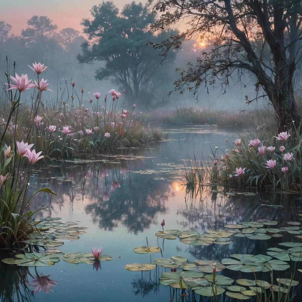 Tranquil Pond at Sunrise in Pastel Hues