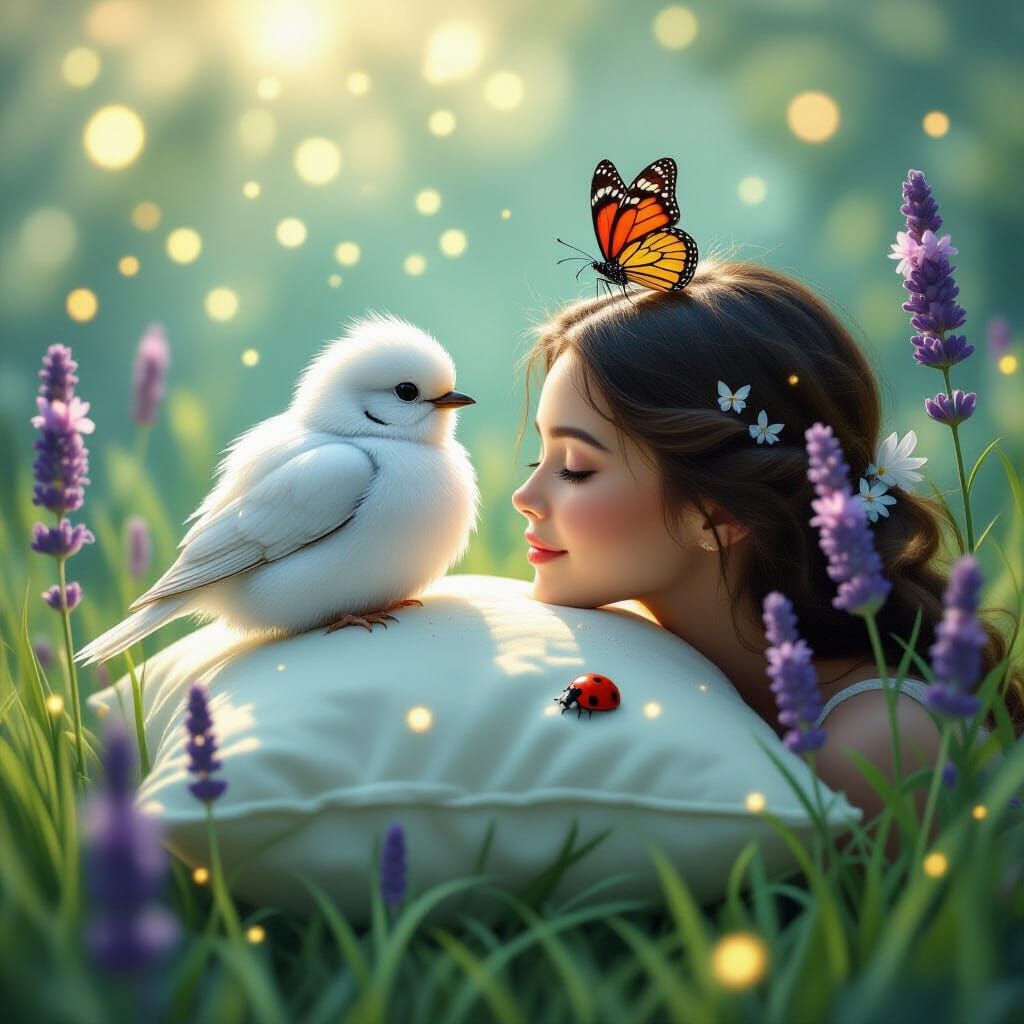Dreamy Bird and Butterfly Microcosm with Lavender