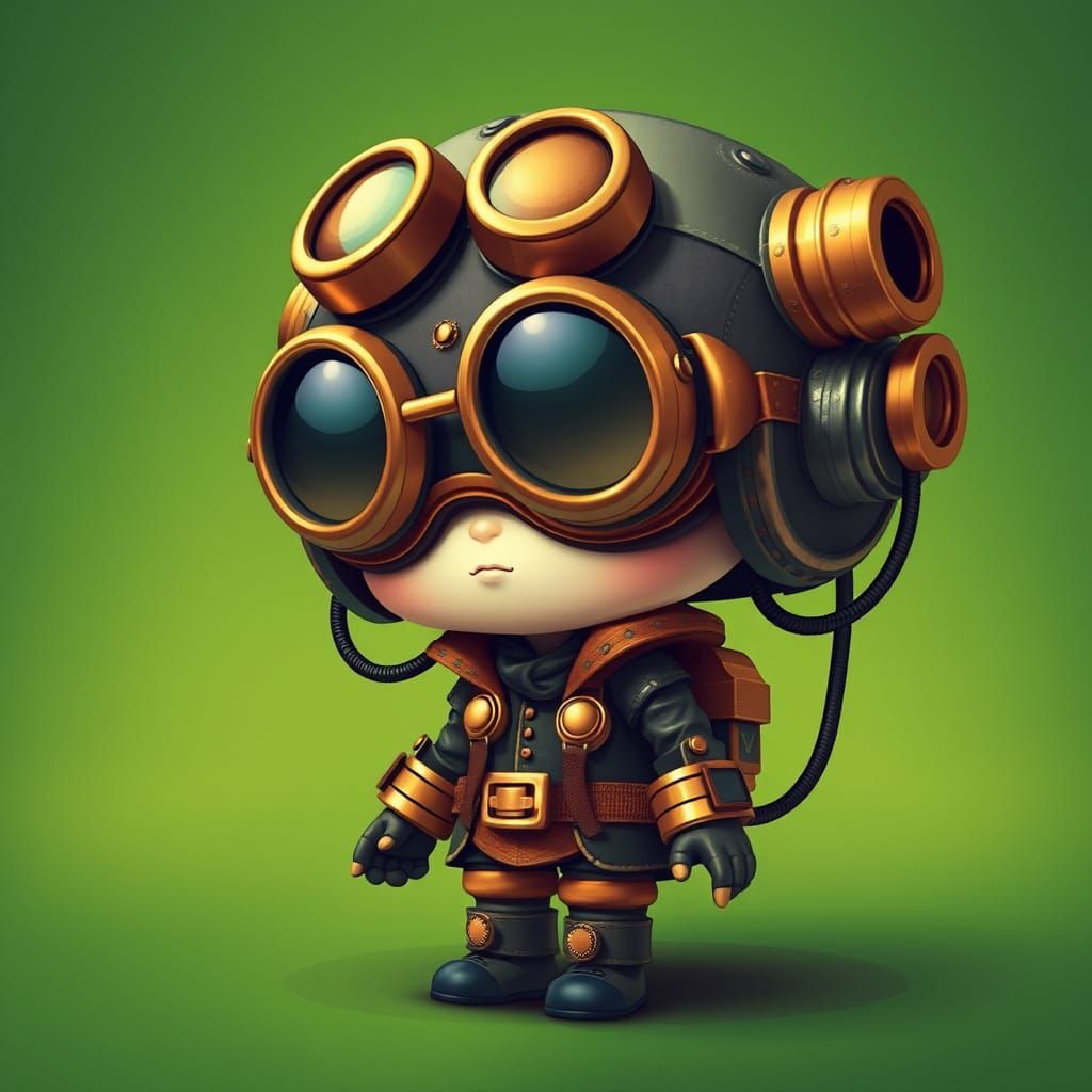 Steampunk Chibi Figure in Whimsical Green Landscape