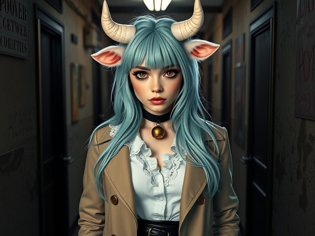 Cow-Eared Woman in Dim Hallway, Splash Art Style