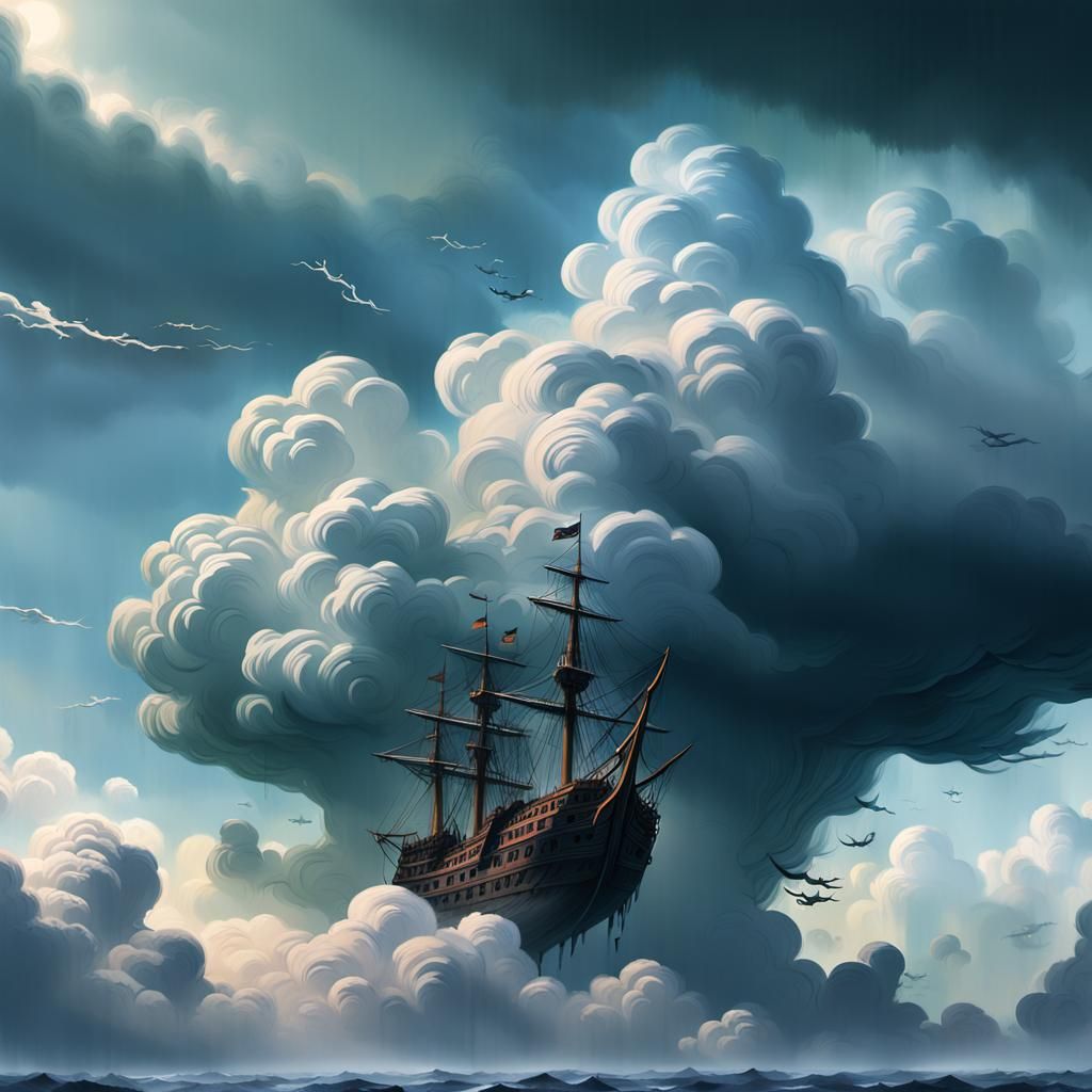 Flying Dutchman Soaring Through Clouds